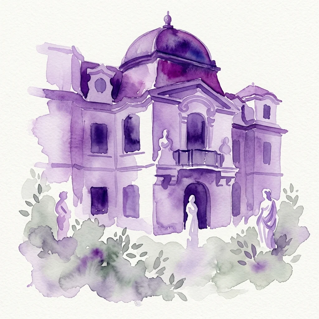 Una ilustración en acuarela de la Casa de Verano Portheimka, un edificio barroco con cúpula, rodeado de estatuas clásicas y exuberante vegetación en un sereno jardín.
