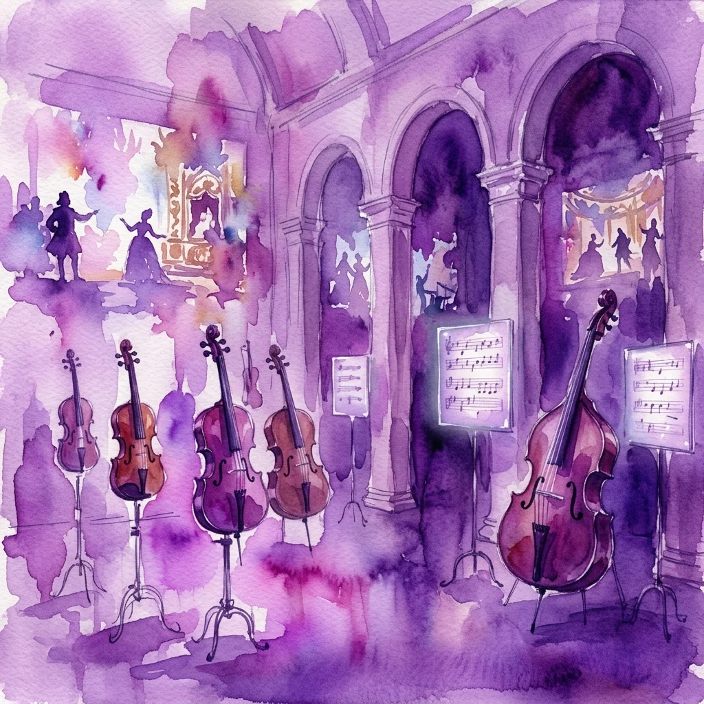 Waterverfillustratie van een schemerige galerie met antieke violen en cello's op standaard, partituren tentoongesteld, en projecties van 17e-eeuwse operascènes op de muren.