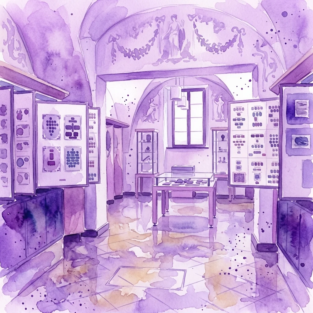Ilustración en acuarela de la exposición permanente del Museo Postal, con sellos de correos vintage y sobres de primer día expuestos en vitrinas dentro de un salón restaurado del siglo XIX con murales ornamentados.