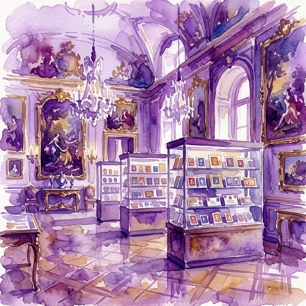 Watercolor illustration of the Postal Museum interior, featuring Baroque architecture with ornate paintings, chandeliers, and display cases filled with postage stamps and philatelic items.