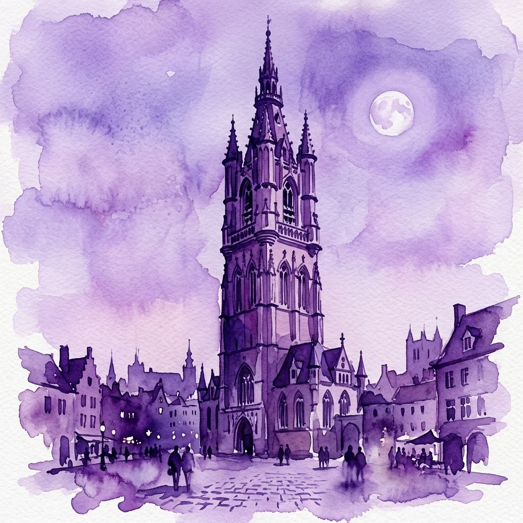 Ilustracja akwarelowa Wieży Prochowej w Pradze, późnogotyckiego monumentu ze skomplikowanymi iglicami, na tle zmierzchowego nieba z pełnią księżyca.