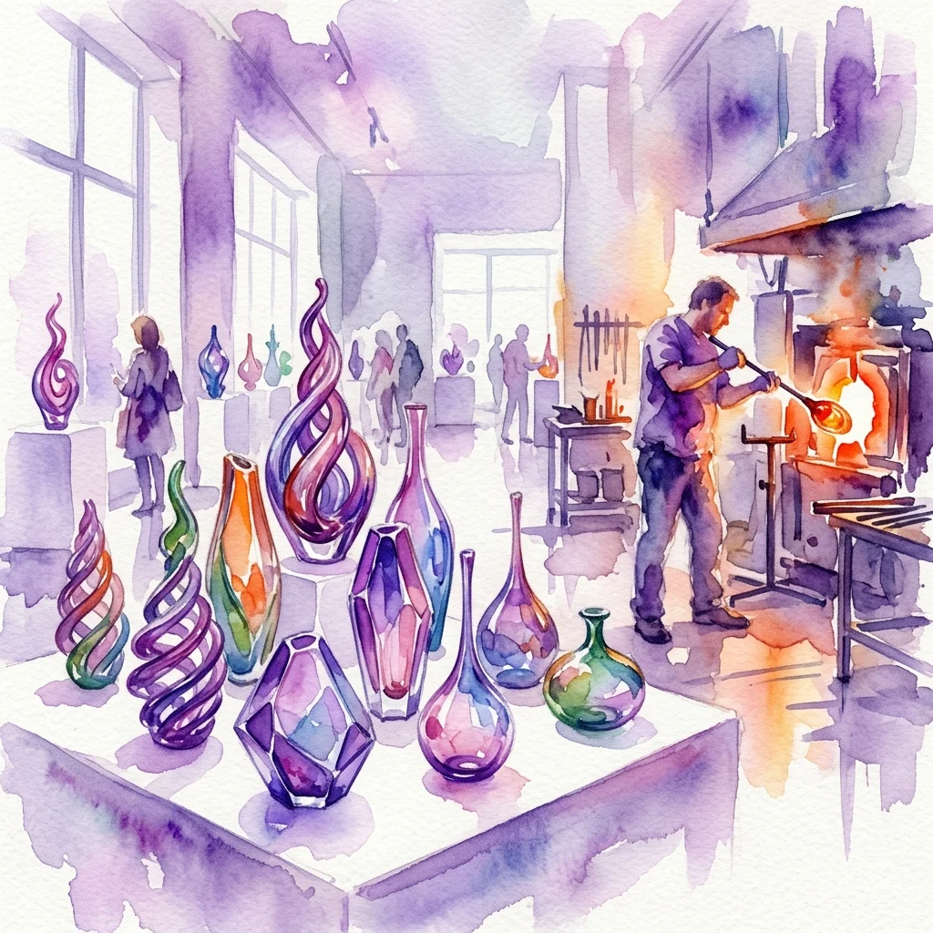 Ilustracja akwarelowa kolorowych szklanych rzeźb wystawionych w galerii, z szklarzem pracującym przy piecu w tle, podkreślająca kunszt Pragl – Prague Glass Experience.