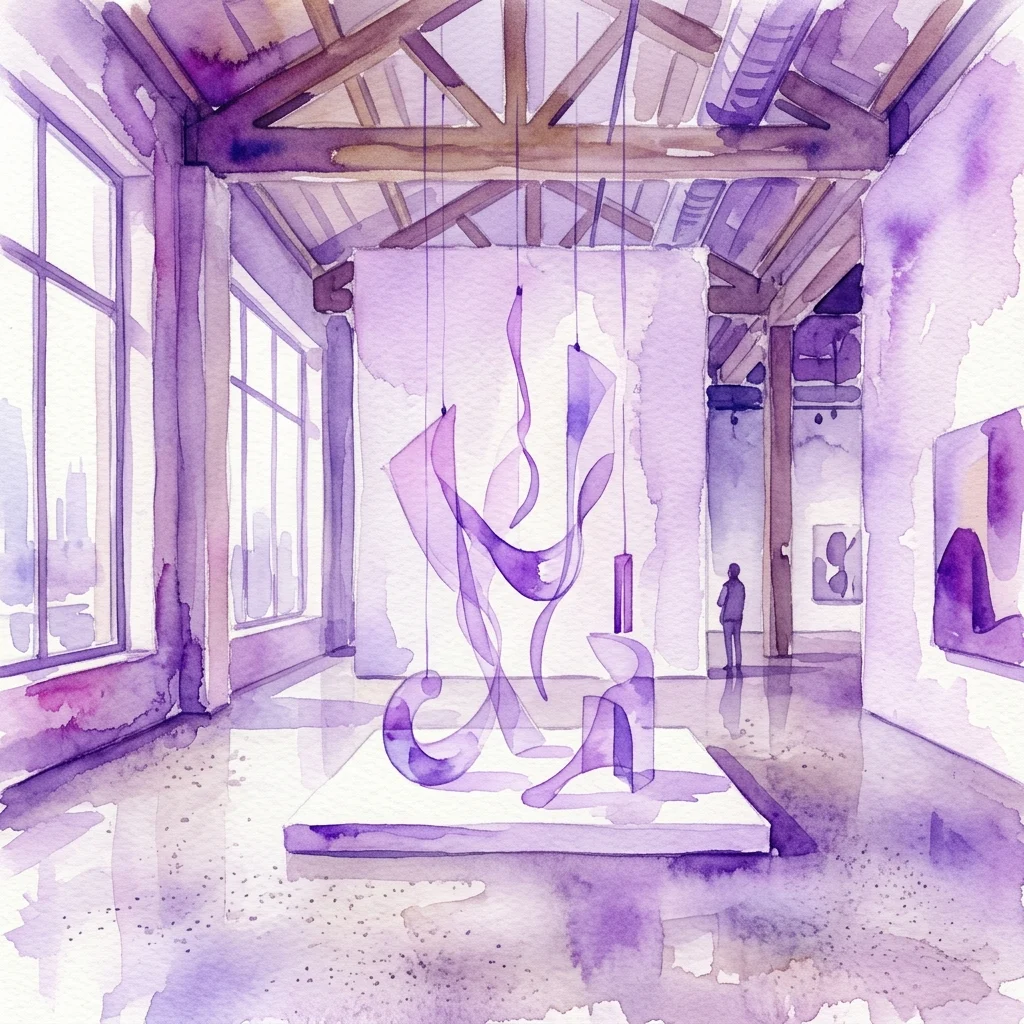 Ilustracja akwarelowa współczesnej galerii sztuki z wysokimi sufitami, odsłoniętymi belkami i dużymi oknami, z minimalistyczną purpurową instalacją rzeźbiarską pośrodku.