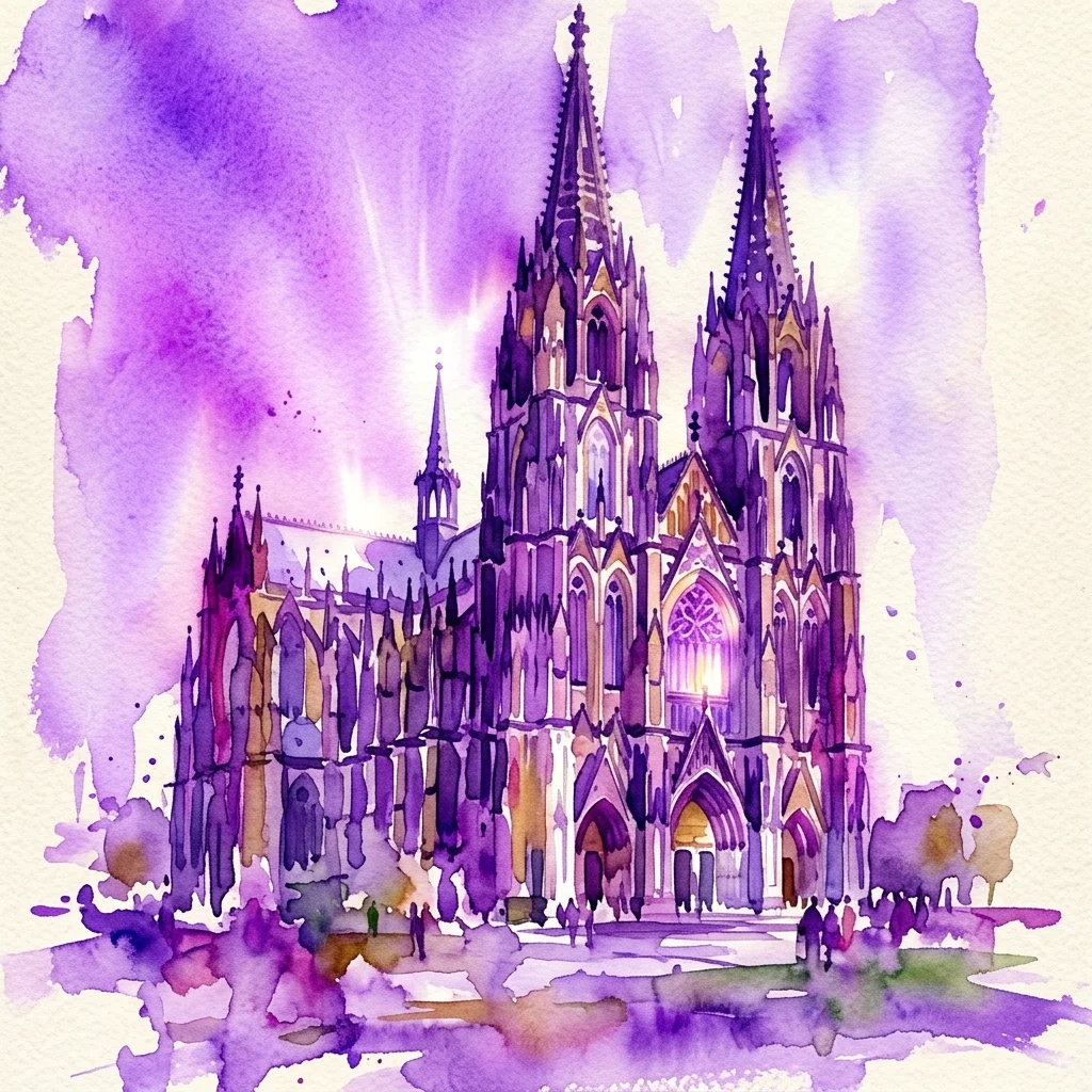 Een aquarelillustratie van de Sint-Vituskathedraal, Sint-Wenceslaus en Sint-Adalbert in de Praagse Burcht, met zijn gotische torenspitsen en gebrandschilderde ramen onder een paars getinte hemel.