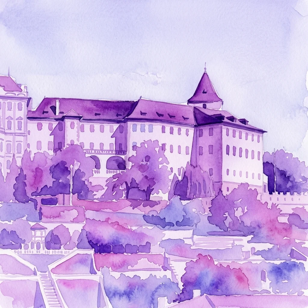 Ilustracja akwarelowa Pałacu Lobkoviców na Hradczanach, przedstawiająca jego barokową architekturę i otaczające ogrody w odcieniach fioletu i lawendy.