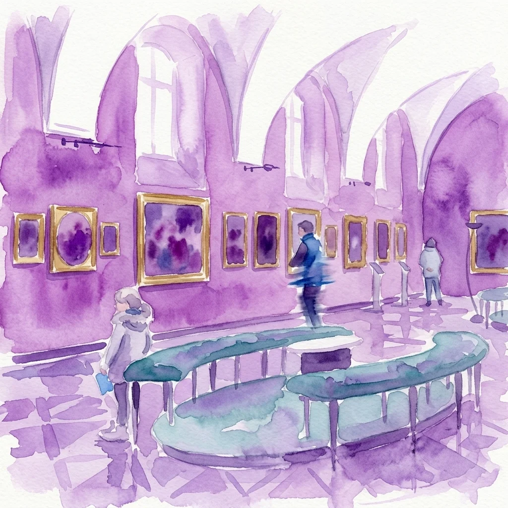 Interieur van de Praagse Burcht Beeldengalerij, een grote kunstgalerie met klassieke schilderijen in gouden lijsten tentoongesteld op paarse muren, verlicht door natuurlijk licht van hoge ramen, met bezoekers die de collectie bekijken.