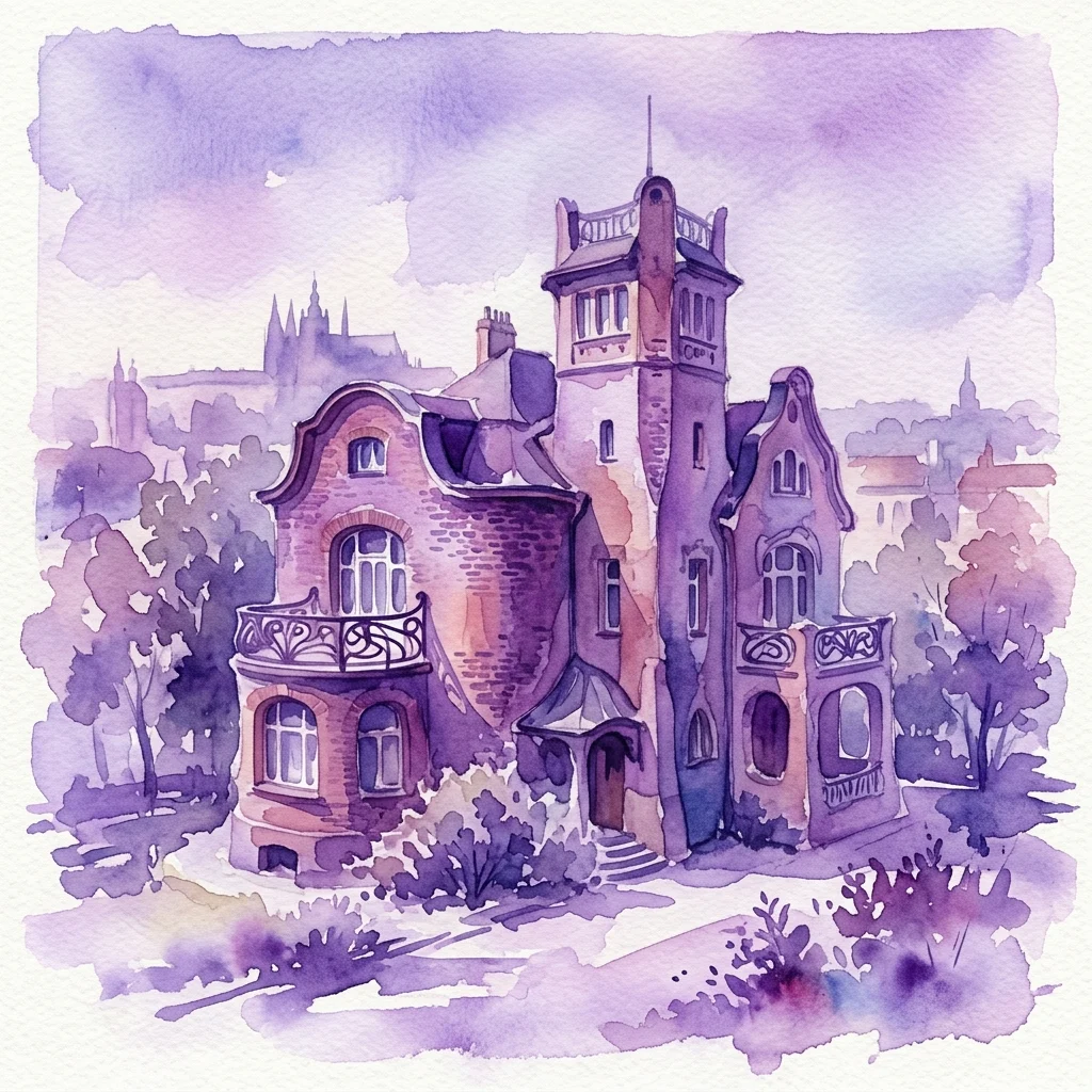 Ilustracja akwarelowa Villi Bílek w stylu Art Nouveau, domu rzeźbiarza z organicznymi elementami architektonicznymi inspirowanymi naturą, z charakterystycznymi balkonami i symbolicznymi motywami na tle łagodnej, miejskiej scenerii.