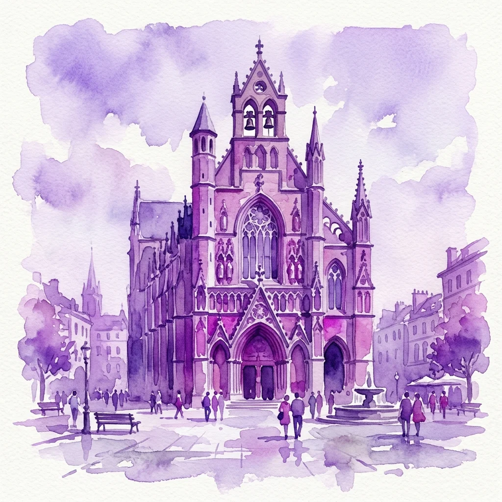 Ilustracja akwarelowa Domu pod Kamiennym Dzwonem, gotyckiego pałacu w Pradze, z misterną kamieniarką i charakterystyczną wieżą dzwonniczą, mieszczącą obecnie Galerię Miejską w Pradze z kawiarnią i księgarnią.