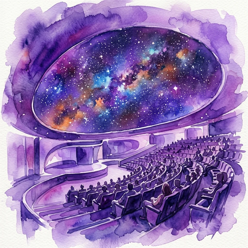 Waterverfillustratie van het interieur van het Planetarium van Praag, met een groot gebogen koepelscherm dat een levendige galactische projectie toont, en zitplaatsen in niveaus voor bezoekers.