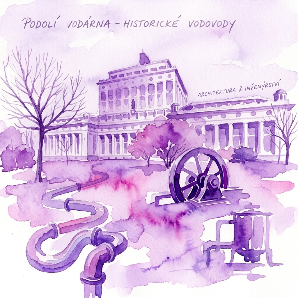 Ilustracja akwarelowa Podolskich Zakładów Wodociągowych, prezentująca historyczną infrastrukturę wodną obejmującą rury, pompy i systemy filtracyjne, na tle wspaniałej architektury budynku z epoki przemysłowej.