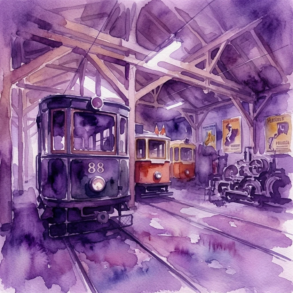 Watercolor illustration of a historic tram numbered 88 inside the Střešovice tram depot, with vintage posters and other trams visible in the background.