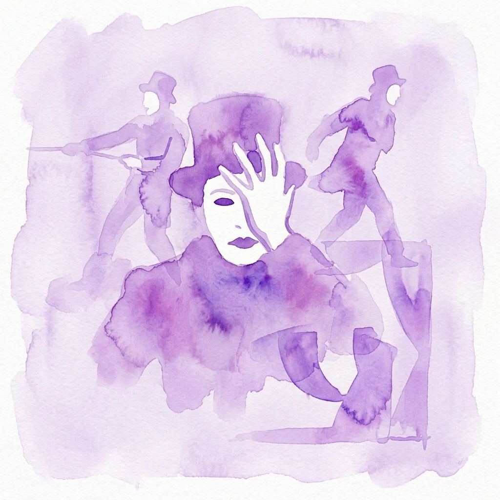 Ilustracja akwarelowa artysty mima w cylindrze i masce, z sylwetkami innych wykonawców w tle, przedstawiająca solowy występ mima Radima Vizváry'ego.