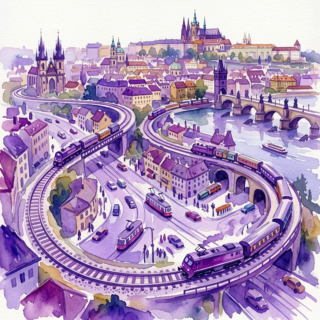 Ilustracja akwarelowa interaktywnego modelu Królestwa Kolei w Pradze, przedstawiająca miniaturowe pociągi na torach wijących się przez szczegółową panoramę miasta z praskimi zabytkami, takimi jak Most Karola i zamek, wykonana w odcieniach fioletu i żółci.