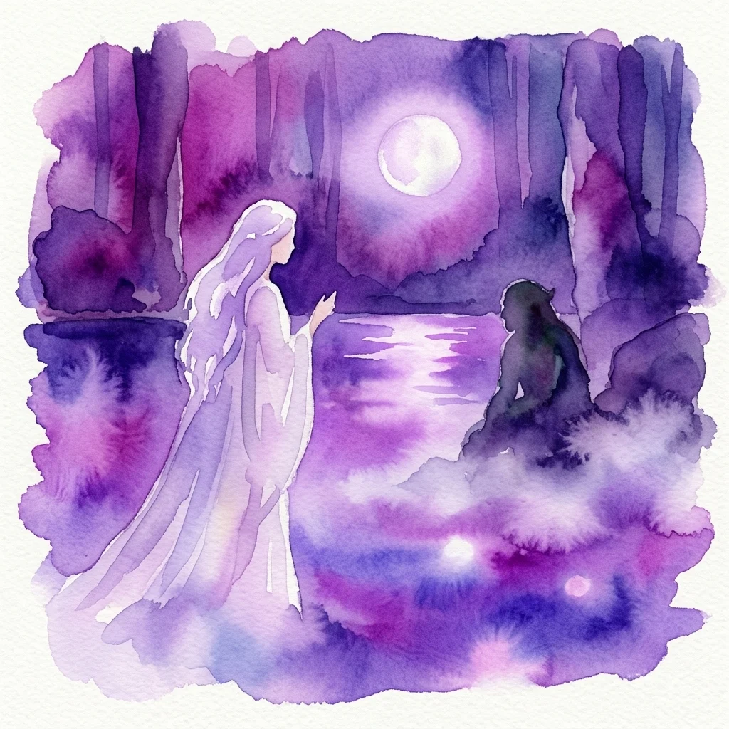 Ilustracja akwarelowa nimfy wodnej nad oświetlonym księżycem jeziorem, przedstawiająca scenę z opery Antonína Dvořáka „Rusałka”, z baśniową atmosferą i motywami niespełnionej miłości.