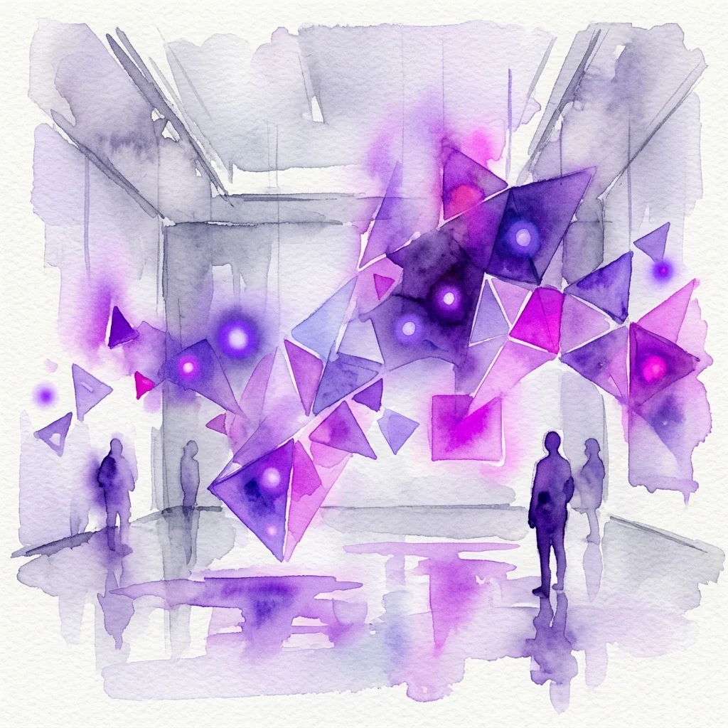 Instalación de arte digital abstracto en la galería Signal Space, con formas geométricas brillantes de color púrpura y rosa y proyecciones de luz en un espacio de galería moderno con visitantes silueteados.