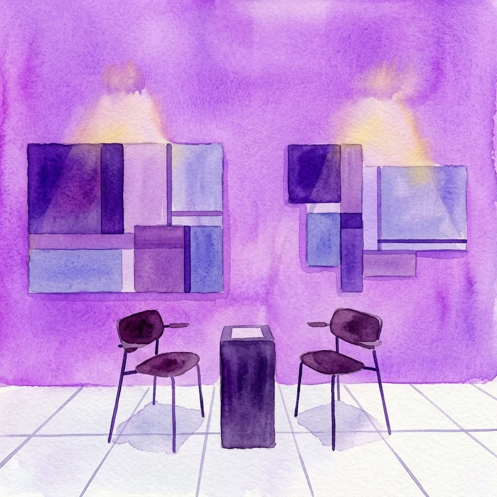 Una ilustración en acuarela de un espacio de galería con paredes moradas, que presenta obras de arte geométricas abstractas y dos sillas flanqueando un pedestal central.