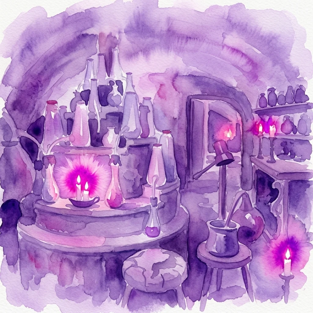 Een aquarelillustratie van een schemerig alchemistisch atelier met paarse tinten, met borrelende flesjes, kaarsen en oude laboratoriumapparatuur in een historische Praagse omgeving.