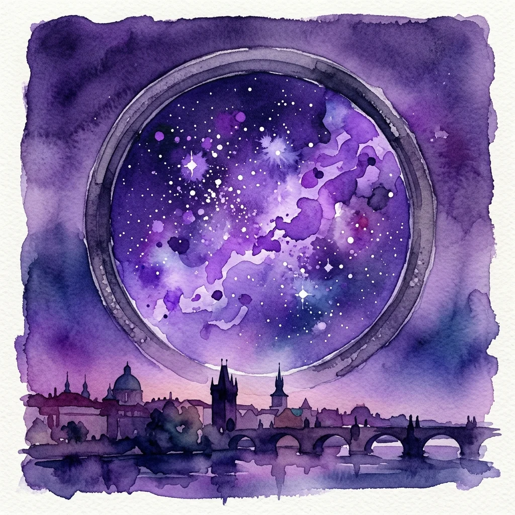 A watercolor illustration of a telescope view showing a starry nebula and the Prague skyline at dusk, representing the Štefánik Observatory's astronomy exhibition.