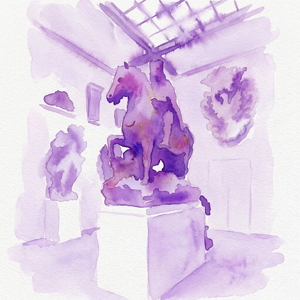 Ilustracja akwarelowa galerii muzealnej z centralną kamienną rzeźbą konia, otoczoną innymi kamiennymi monumentami i elementami architektonicznymi, przywołującą historyczne kamieniarstwo Czech.