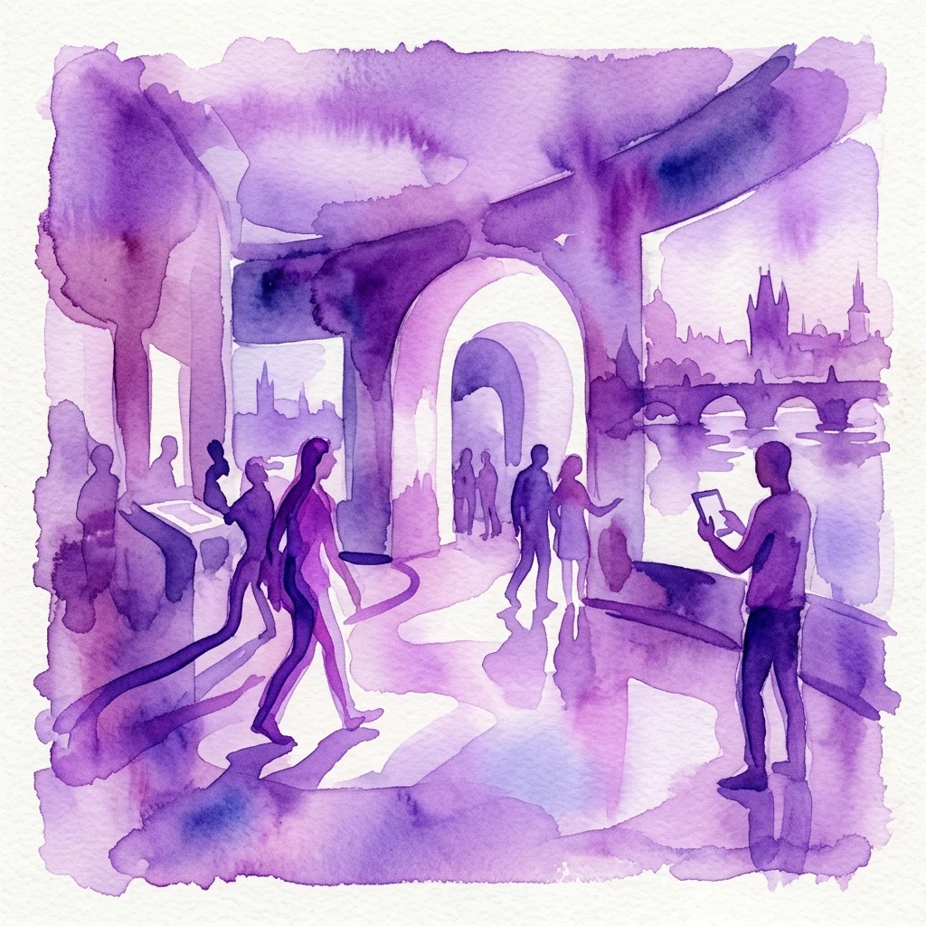 Ilustracja akwarelowa przedstawiająca zwiedzających odkrywających Muzeum Story of Prague, korzystających z urządzeń mobilnych do doświadczeń wirtualnej rzeczywistości w nowoczesnej przestrzeni wystawienniczej z łukami i widokiem na panoramę miasta.