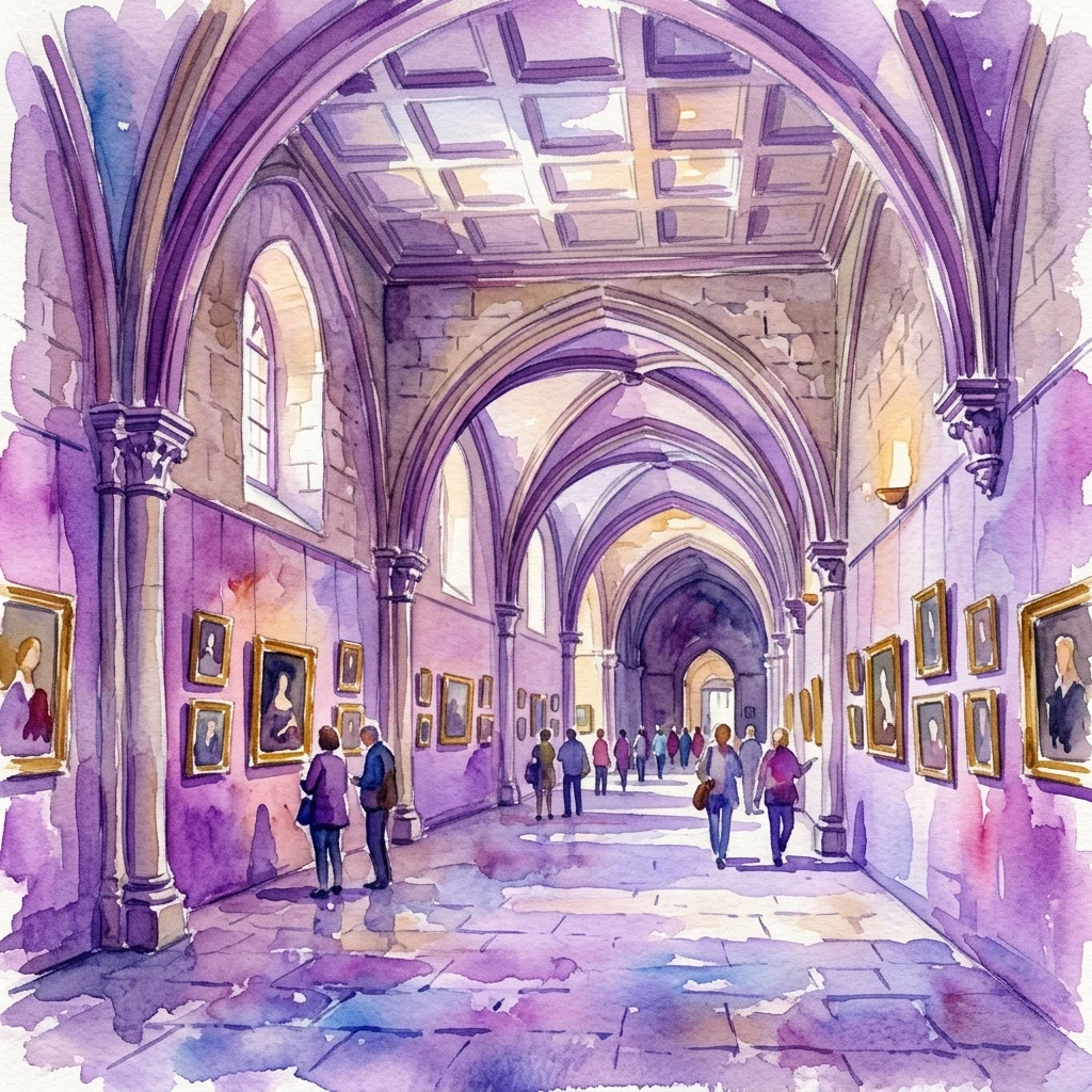 Ilustracja akwarelowa wnętrza Galerii Sztuki Strahov, przedstawiająca długi, łukowy korytarz z klasycznymi obrazami na ścianach, przechodzących zwiedzających oraz zabytkową kamienną architekturę z kamiennymi sklepieniami.