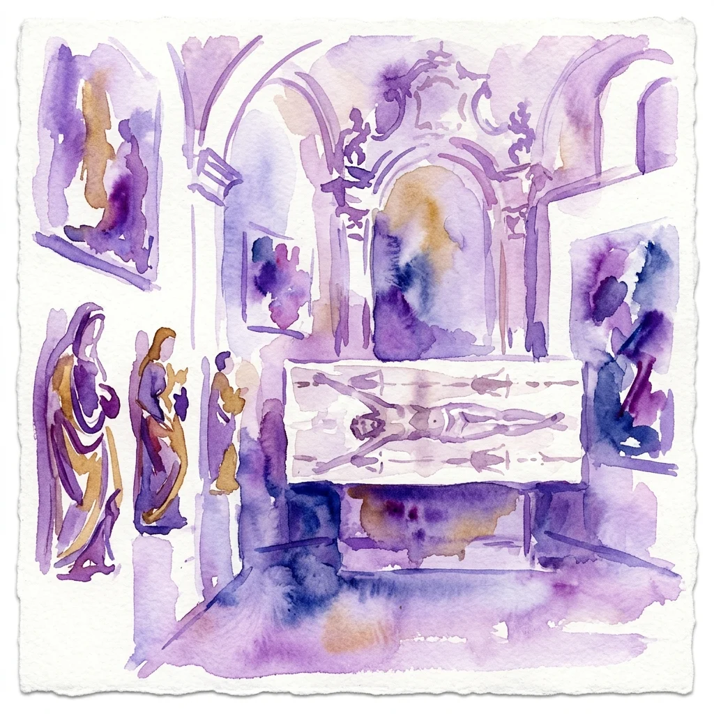 Ilustracja akwarelowa wystawy sztuki sakralnej przedstawiająca replikę Całunu Turyńskiego, późnogotyckie polichromowane rzeźby w drewnie oraz współczesne dzieła sztuki w galerii z elementami architektury barokowej.