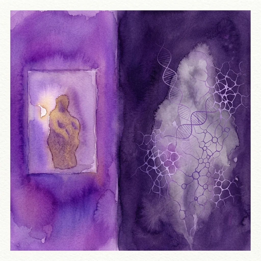 Een abstract aquarelkunstwerk uit de tentoonstelling 'Golemet' van Tamara Moyzes en Shlomi Yaffe, met een gouden silhouet binnen een paars frame aan de linkerkant en een DNA-helix met cellulaire patronen aan de rechterkant, die erfelijk trauma en epigenetica symboliseren.