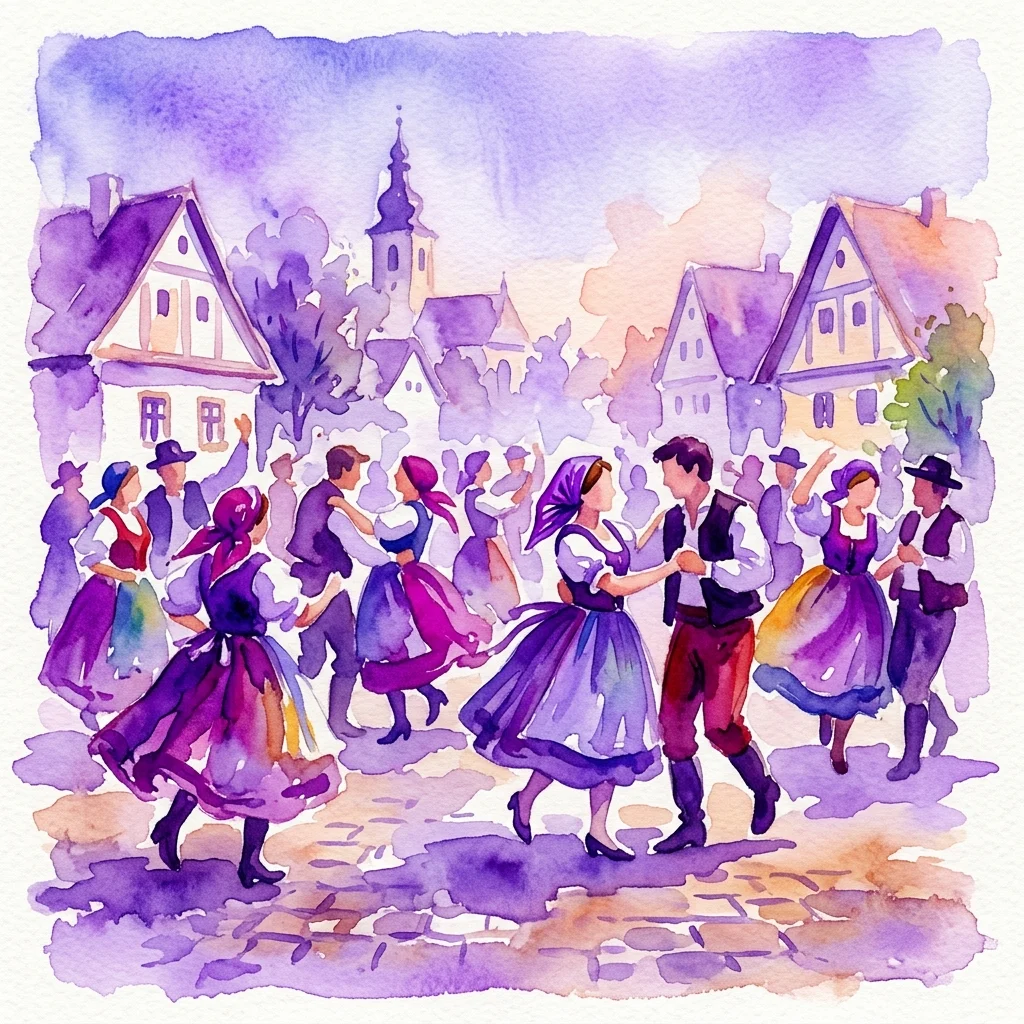 Watercolor illustration of a traditional Czech folk dance in a village square, featuring couples in colorful folk costumes dancing under a purple sky, evoking the atmosphere of Bedřich Smetana's opera 'The Bartered Bride'.