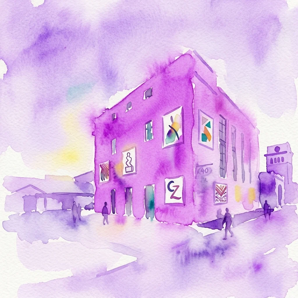 Ilustracja akwarelowa The Chemistry Gallery, nowoczesnej przestrzeni artystycznej z budynkiem w odcieniu fioletu i dziełami sztuki wywieszonymi na fasadzie, z logo CZ i abstrakcyjnymi wzorami.