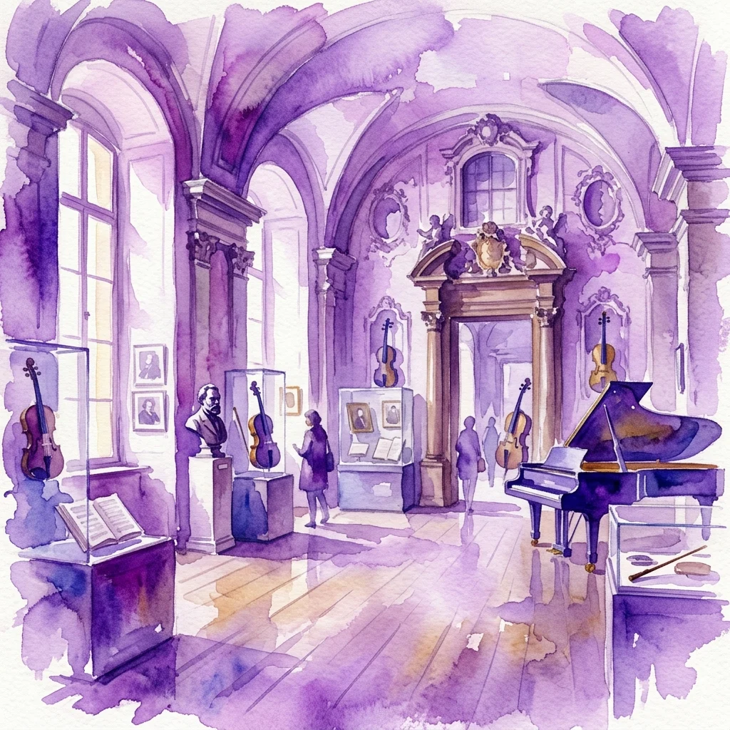 Ilustracja akwarelowa wnętrza Muzeum Antonína Dvořáka w Pradze, prezentująca fortepian, skrzypce, popiersie kompozytora i zwiedzających eksplorujących przestrzeń wystawienniczą o klasycznej architekturze.