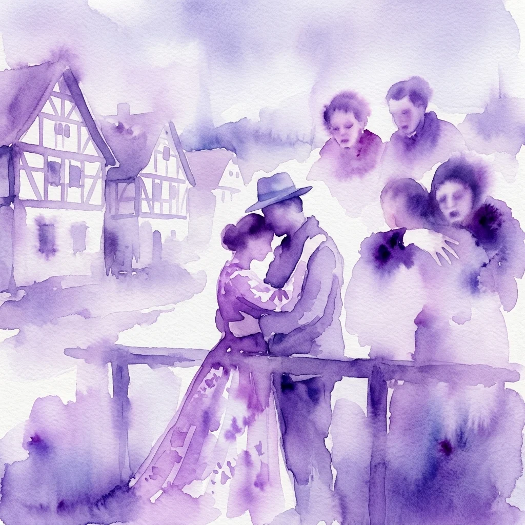 Een aquarelillustratie van een stel dat elkaar omhelst op een brug in een Tsjechisch dorp, met toeschouwers die van de achtergrond observeren, een scène uit de theatervoorstelling 'De Landeigenaar en de Vrouw (Gazda a roba)' weergevend.
