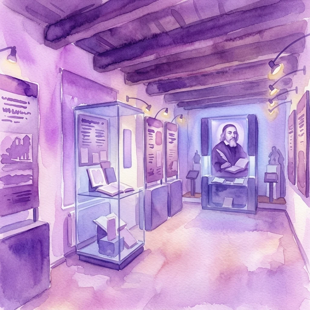 Ilustracja akwarelowa galerii muzealnej prezentującej artefakty historyczne, dokumenty i portret Jana Amosa Komenskiego, będąca częścią wystawy 'Dziedzictwo Komenskiego' w Narodowym Muzeum Pedagogicznym.