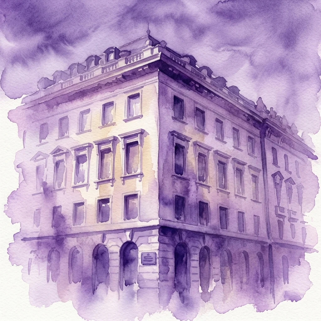 Ilustracja akwarelowa zabytkowego Pałacu Petschka, obecnie miejsca pamięci Pečkárna, z dramatycznym fioletowym oświetleniem przywołującym wspomnienia i refleksję.