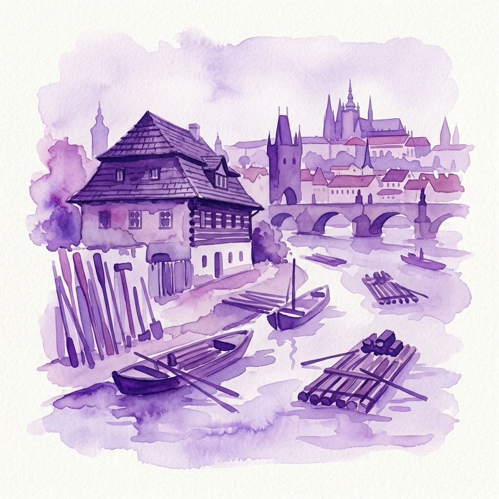 Ilustracja akwarelowa urzędu celnego Podskalská na Výtoň, zabytkowego budynku nad Wełtawą z łodziami, tratwami i panoramą Pragi w tle.