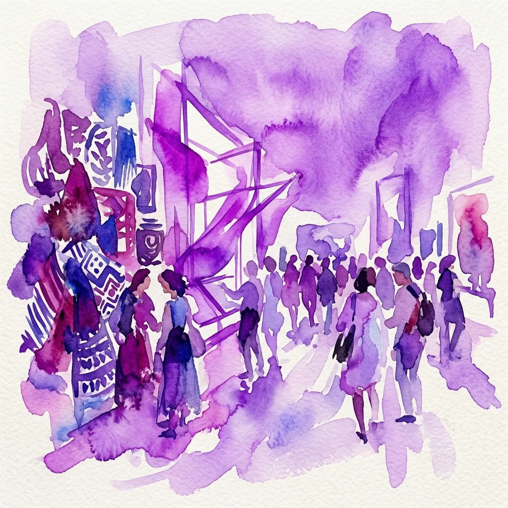 Ilustracja akwarelowa współczesnej wystawy sztuki przedstawiająca sylwetki postaci w żywej, fioletowo-niebieskiej palecie, zgłębiająca tematy tradycji ludowych i współczesnej tożsamości.
