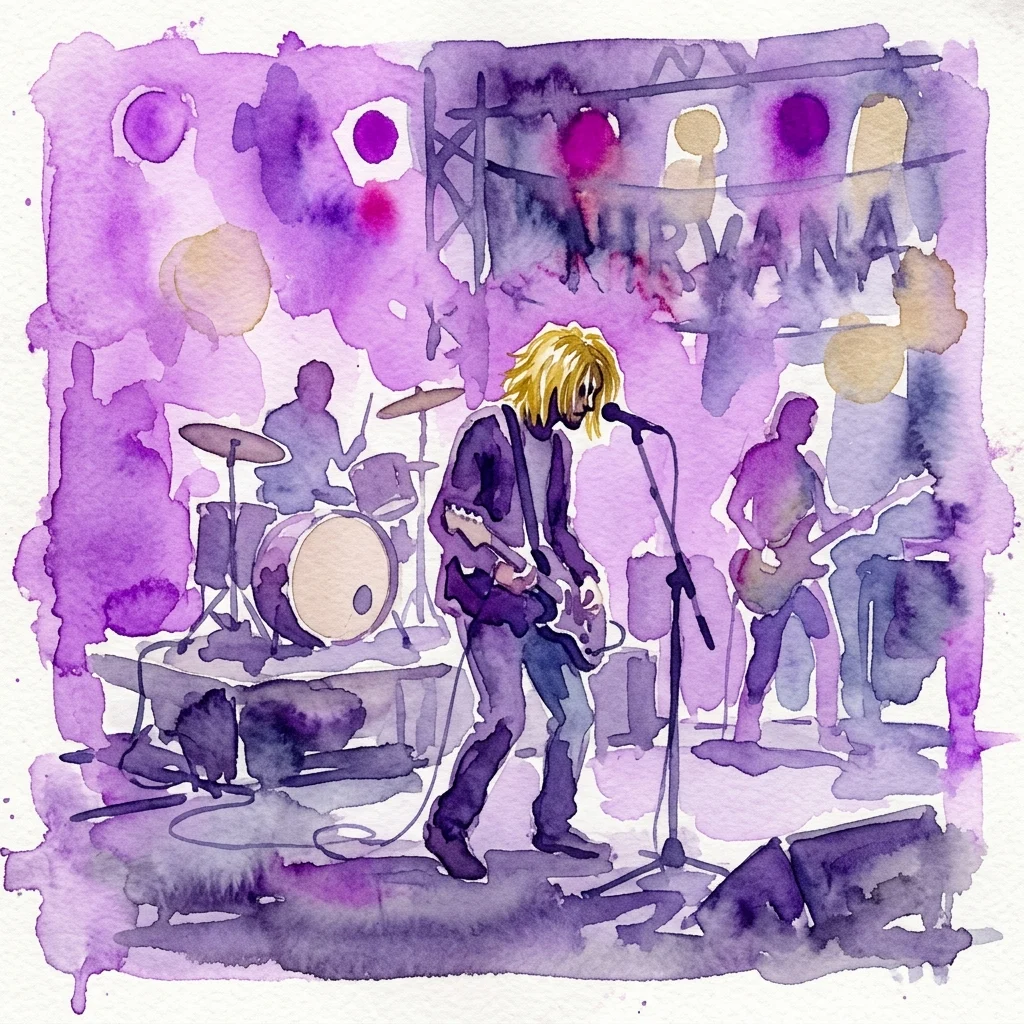 Ilustración en acuarela de una banda de grunge rock actuando en el escenario, con un guitarrista, baterista y bajista bajo iluminación púrpura con "NIRVANA" escrito en el telón de fondo.