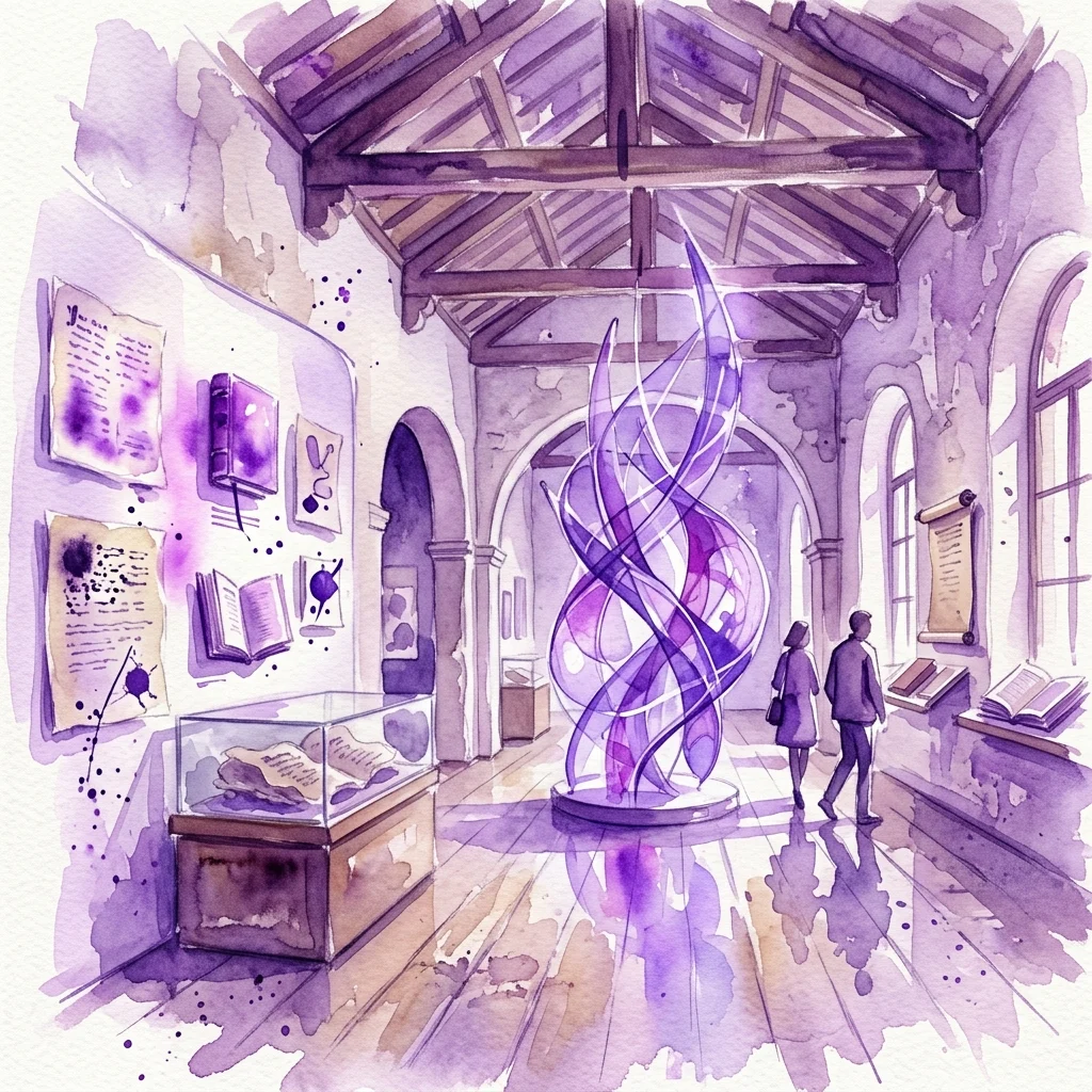 Interior of a museum gallery with a purple watercolor aesthetic, featuring a central abstract sculpture, display cases with literary artifacts, and visitors exploring the space.