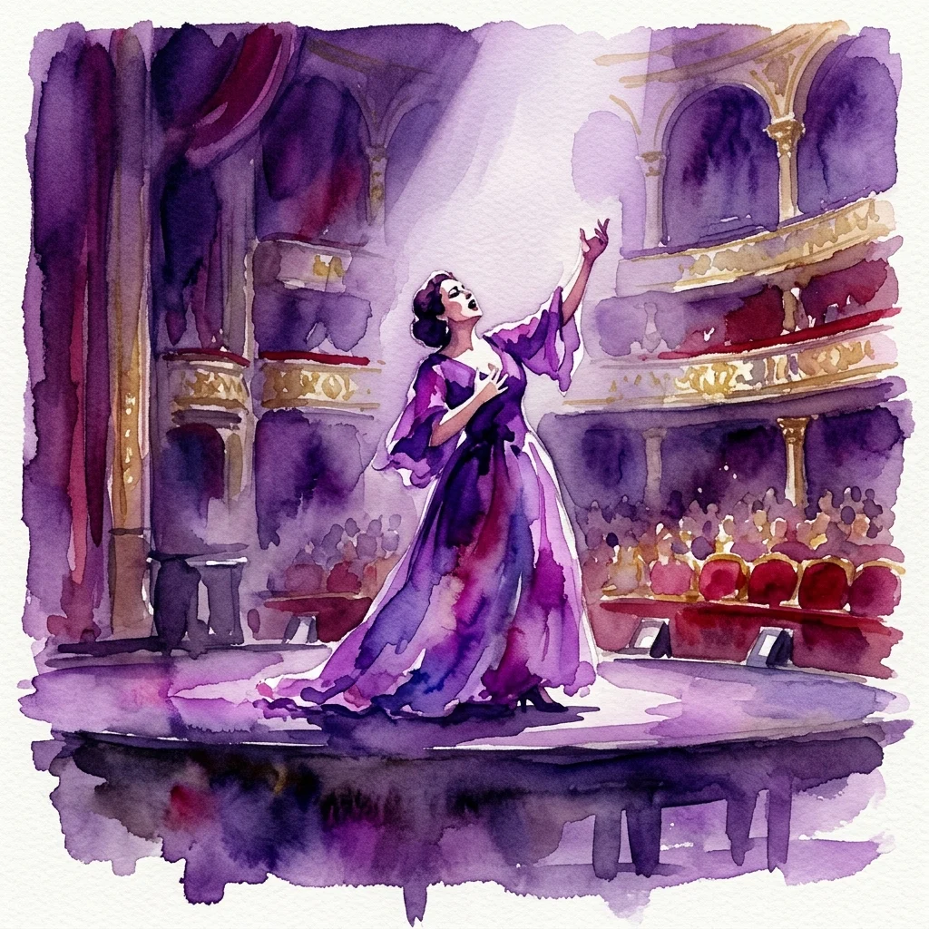 Ilustracja akwarelowa śpiewaczki operowej w fioletowej sukni występującej na scenie w wielkim teatrze, z ozdobnymi balkonami i czerwonymi siedzeniami w tle.