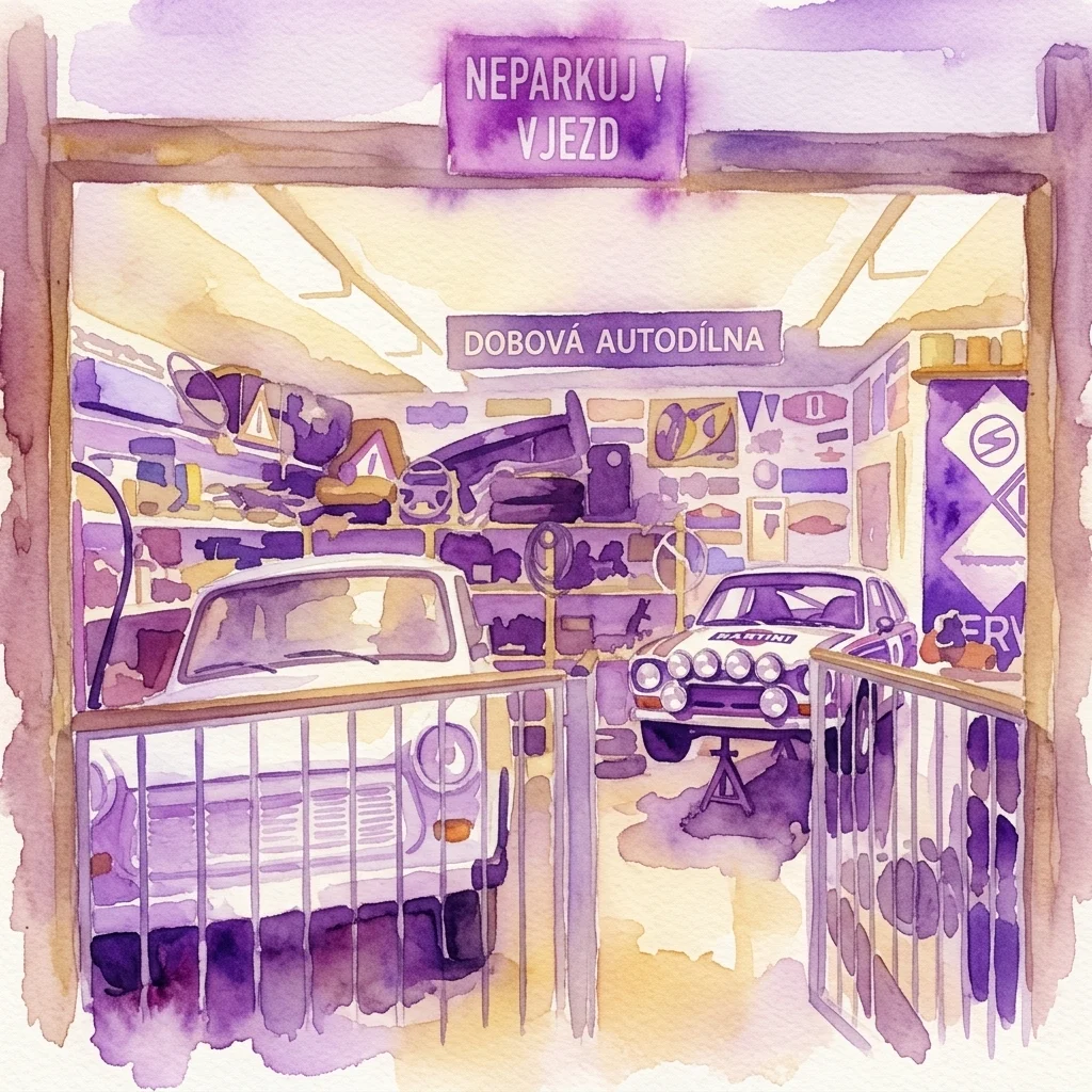 Ilustracja akwarelowa wnętrza Muzeum Trabant Motol, przedstawiająca zabytkowego Trabanta i klasyczny samochód wyścigowy w garażu z czeskim oznakowaniem.