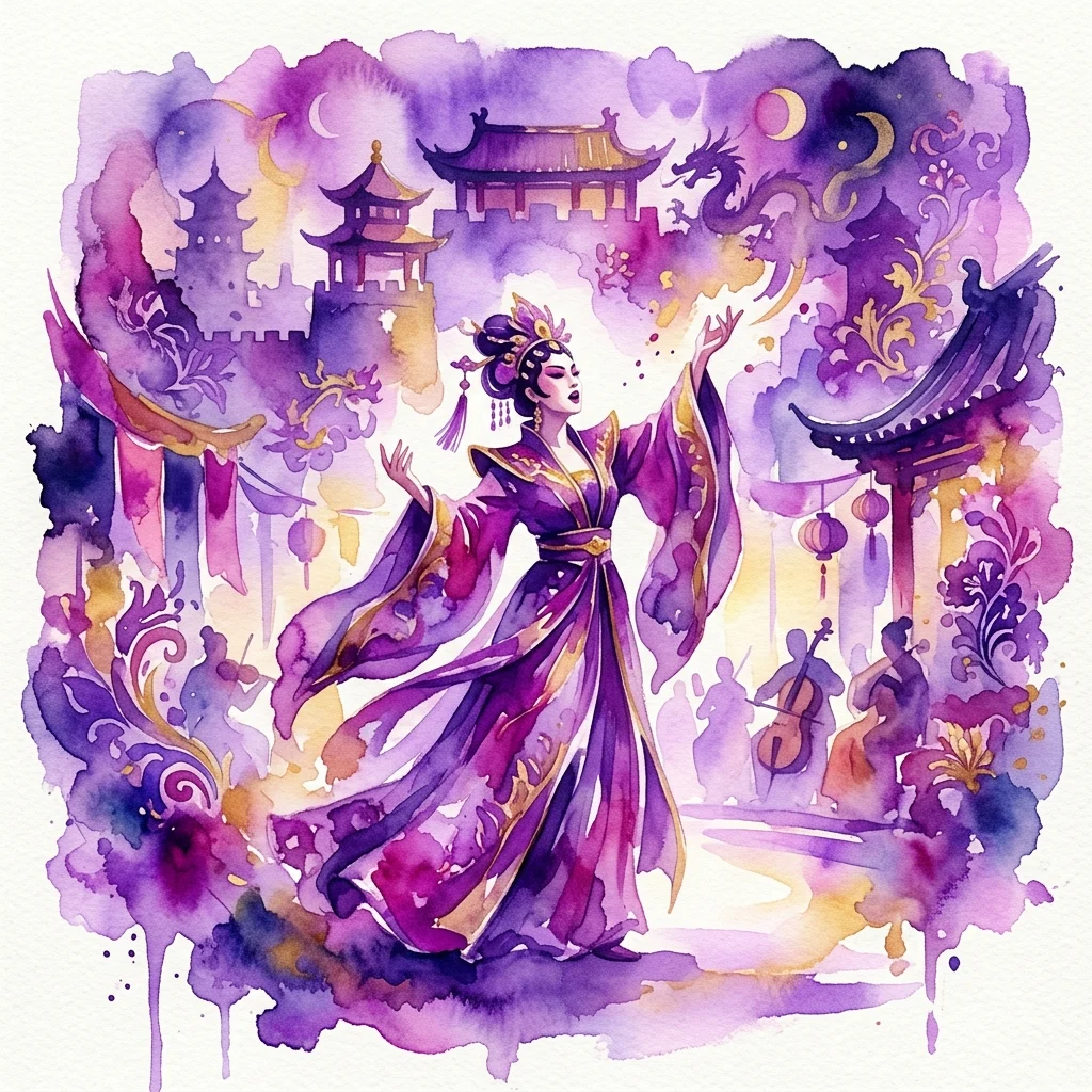 Una ilustración en acuarela de una soprano con un regio vestido púrpura y dorado actuando en la ópera Turandot de Puccini, sobre un fantástico telón de fondo de arquitectura de inspiración china, dragones y músicos.