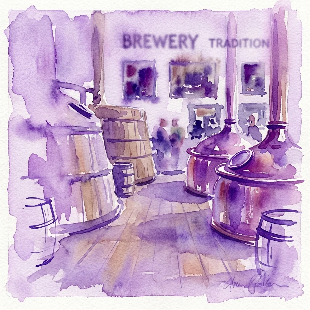 Ilustracja akwarelowa wnętrza Muzeum Browaru U Fleků z miedzianymi kadziami, drewnianymi beczkami i archiwalnymi zdjęciami, z napisem 'BREWERY TRADITION' na ścianie.