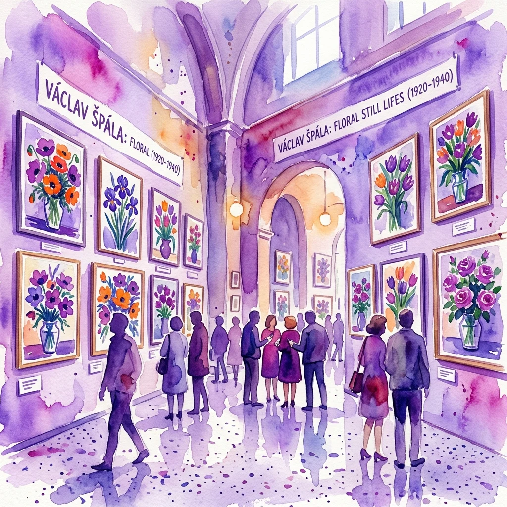 Ilustracja akwarelowa galerii muzealnej przedstawiająca obrazy martwej natury z kwiatami autorstwa Václava Špály z lat 1920-1940, z odwiedzającymi oglądającymi wystawione dzieła.