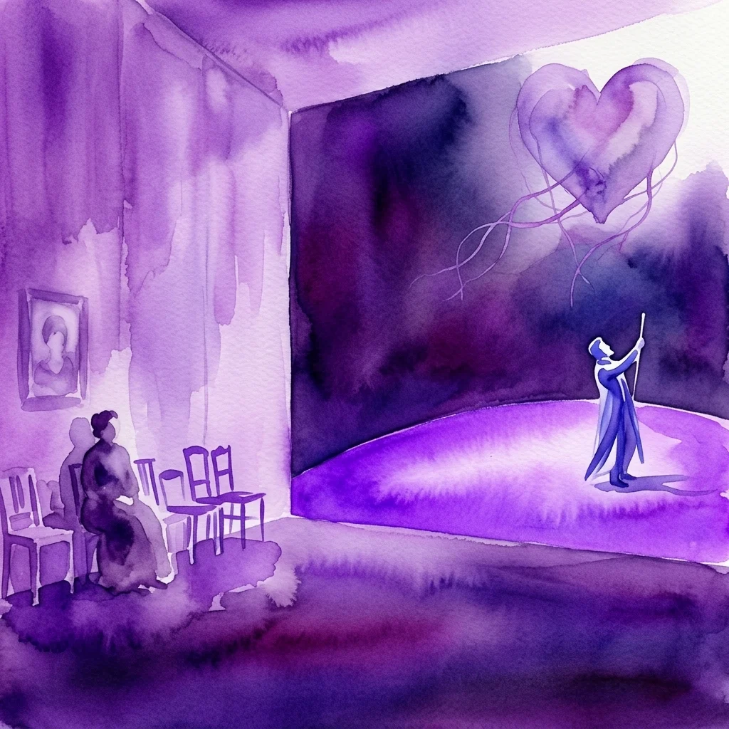 Una ilustración en acuarela de una dramática escena de ópera de 'Werther' de Jules Massenet, con una figura en el escenario sosteniendo un bastón debajo de un gran corazón, y una mujer sentada en el público, todo representado en tonos púrpuras sombríos.