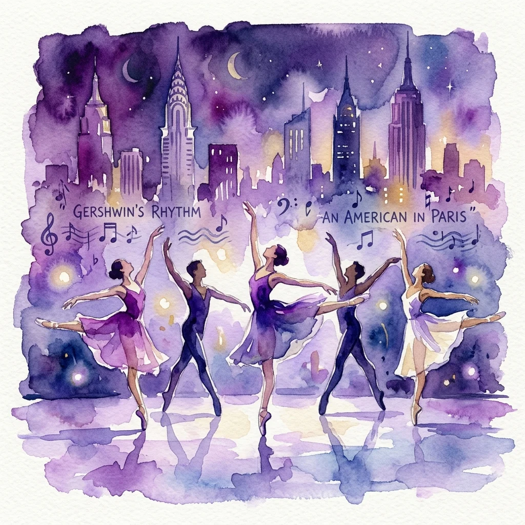 Ilustración en acuarela de bailarines de ballet actuando contra el horizonte de la ciudad de Nueva York de la década de 1930, con texto que hace referencia a "Brahms-Schoenberg Quartet" y "An American in Paris" de George Gershwin, evocando un tema de ballet neoclásico.
