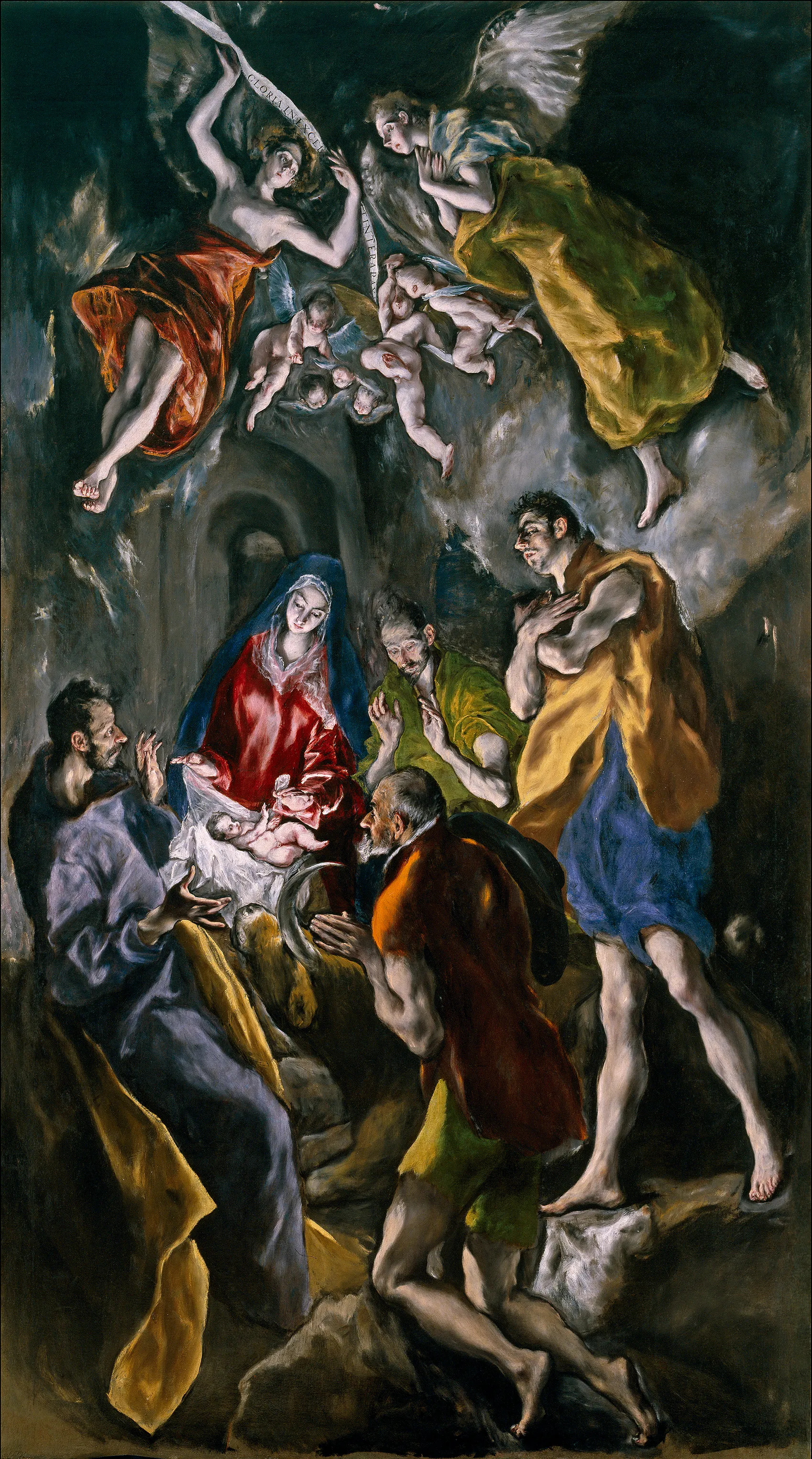 A painting showing a religious scene with figures in colorful robes, including a central figure in red and blue, surrounded by others in a dark, rocky setting, with angels in the sky.