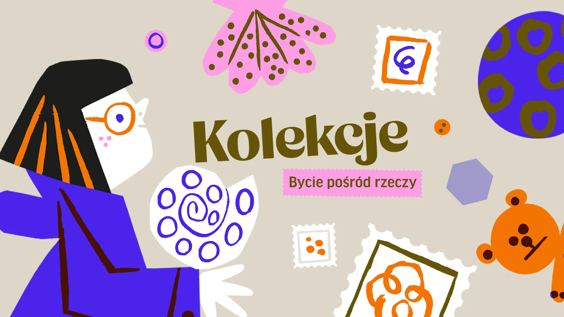 Colorful graphic illustration with the word 'Kolekcje' and a cartoon figure holding a circular object, surrounded by abstract shapes and patterns