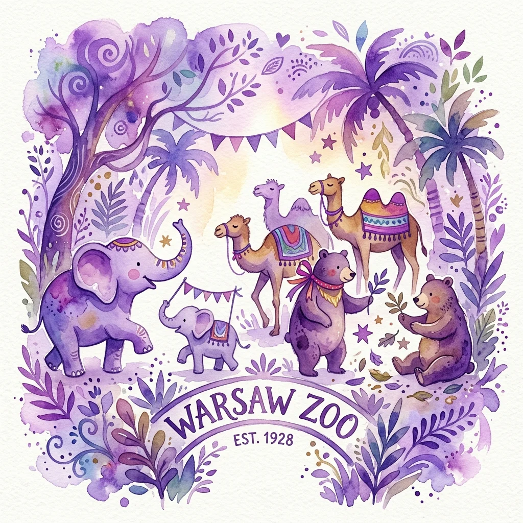 Żywa ilustracja akwarelowa zwierząt zoo, w tym słoni, wielbłądów i niedźwiedzi, w fioletowym otoczeniu dżungli, z tekstem 'WARSAW ZOO EST. 1928', celebrującym 90. rocznicę zoo.