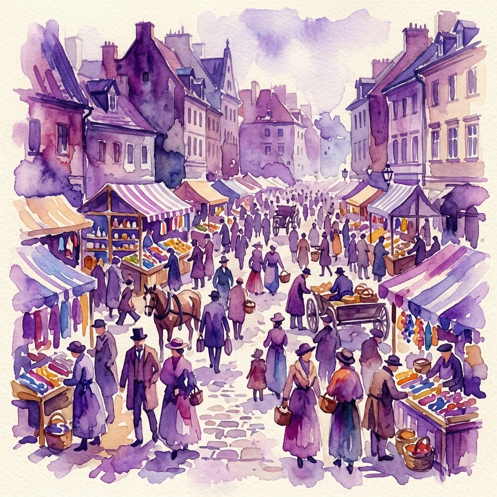Una ilustración en acuarela de un bullicioso bazar histórico de Varsovia con gente comprando, puestos de mercado y carros tirados por caballos, evocando la atmósfera del Bazar de Różycki.