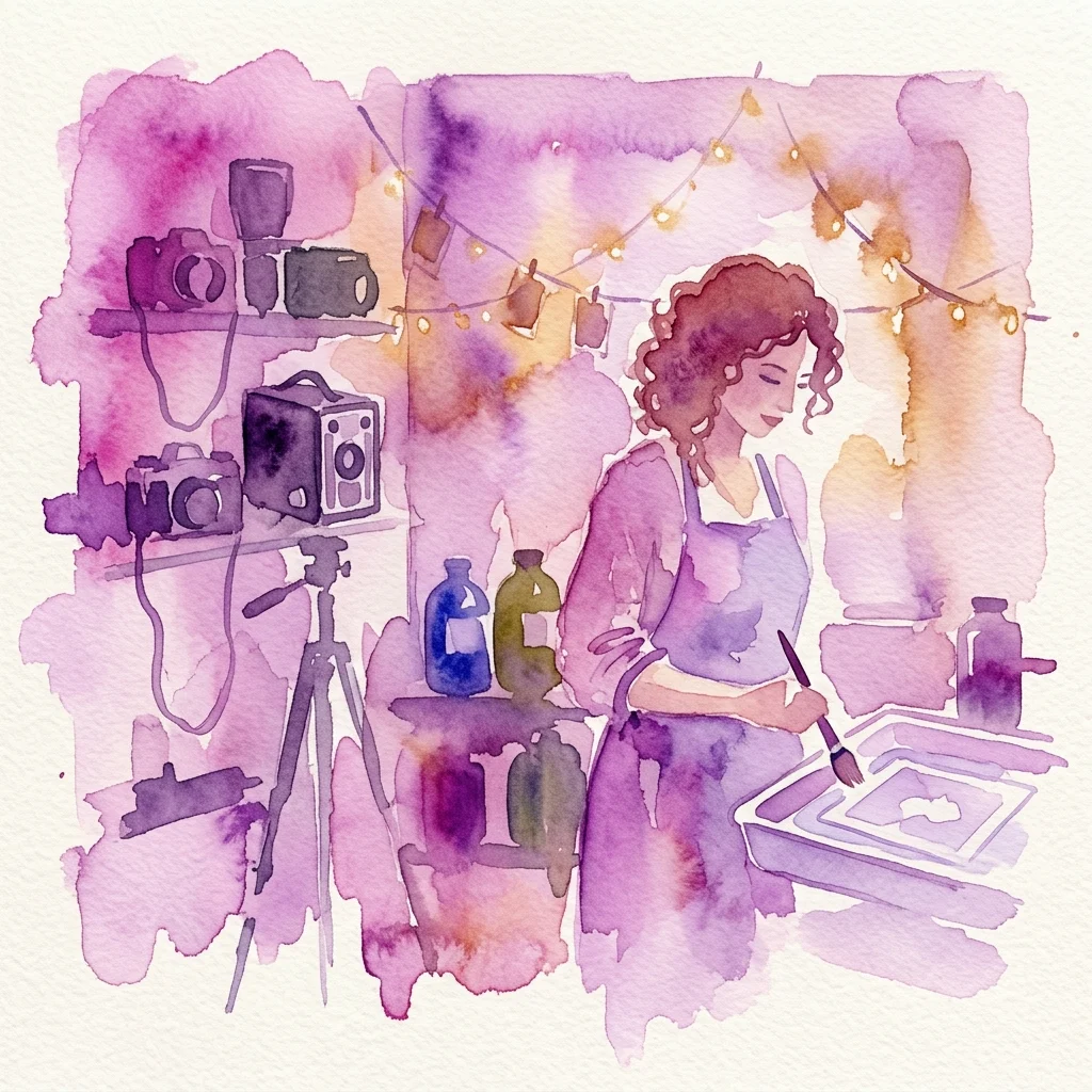 Watercolor illustration of a female photographer in a darkroom, surrounded by vintage cameras, photographic equipment, and developing chemicals, evoking a nostalgic atmosphere.