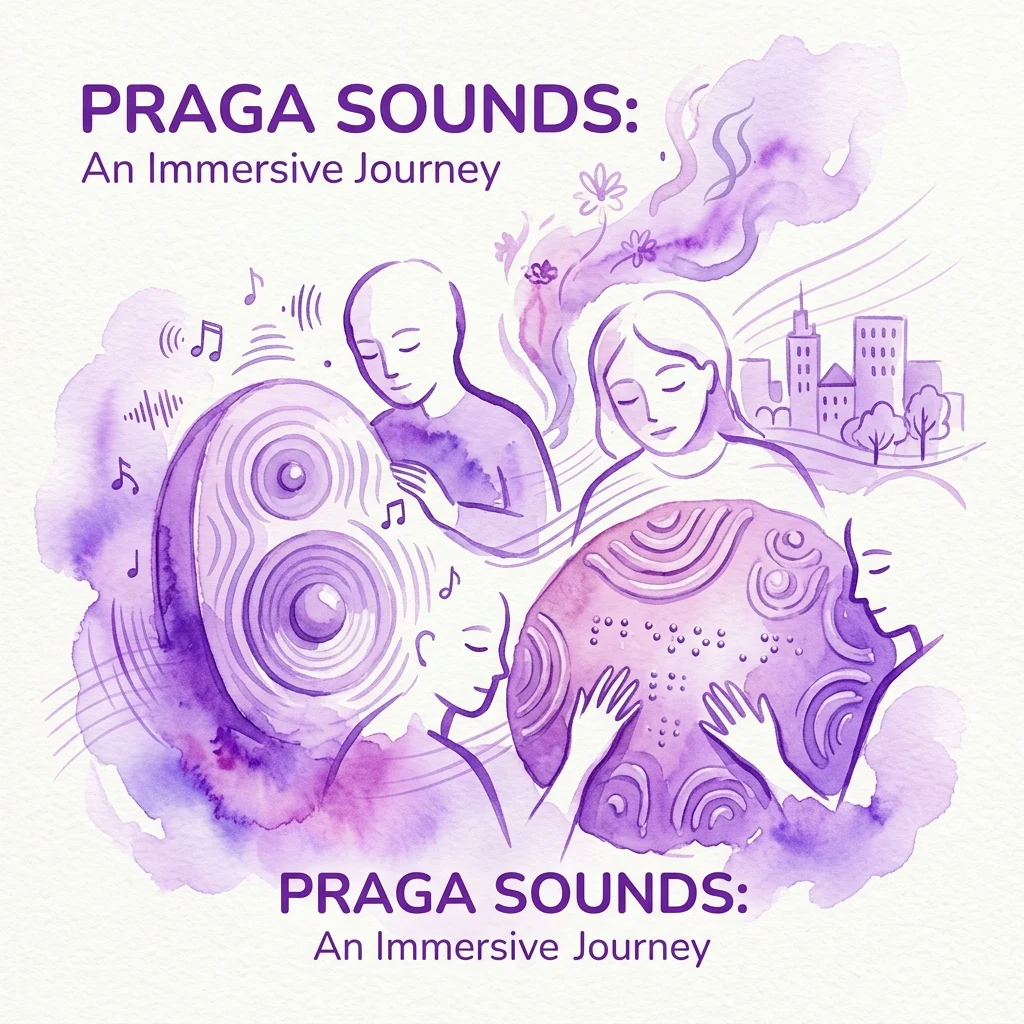 Una ilustración para la exposición Praga Sounds, que muestra a personas experimentando sonido y tacto con altavoces grandes y superficies táctiles, sobre un paisaje urbano en acuarela púrpura.